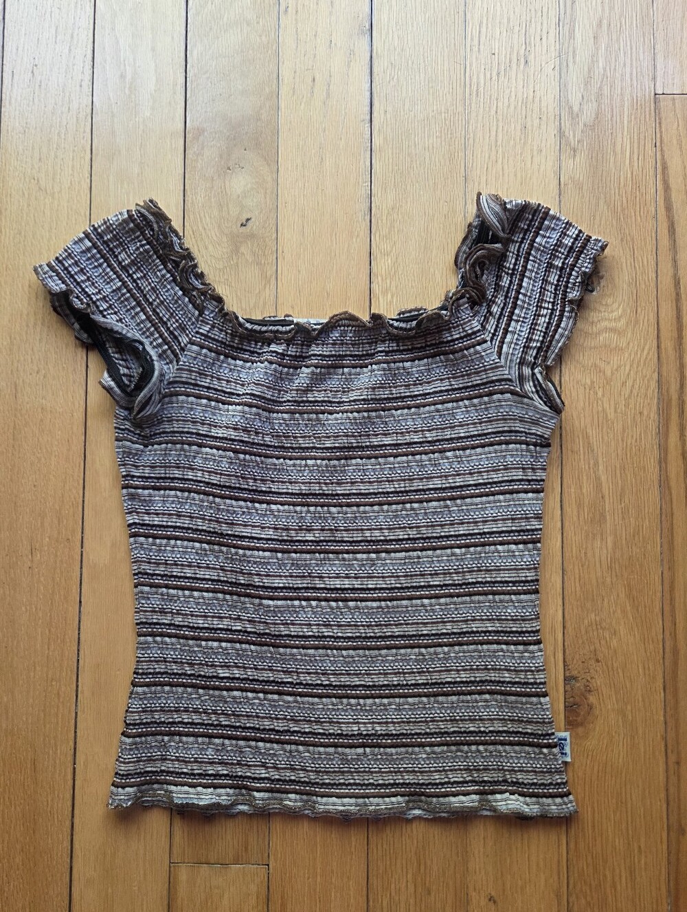 Vintage‎ 90s lei Brown and Cream Striped Crinkle Crop Top Size Med